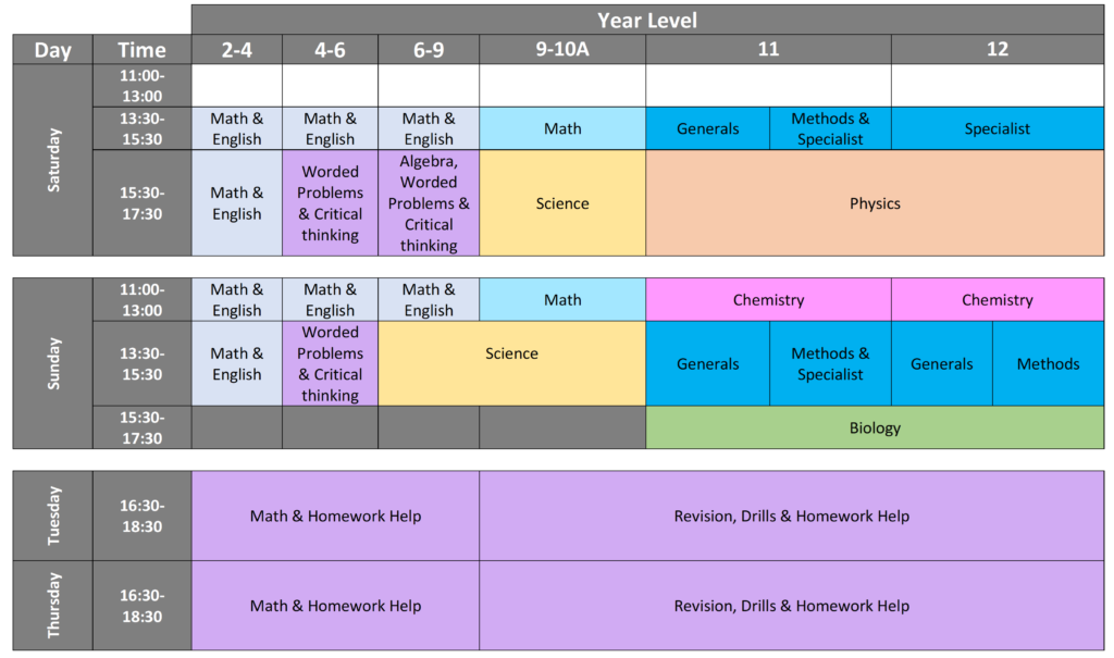 Timetable Platinum Tuition